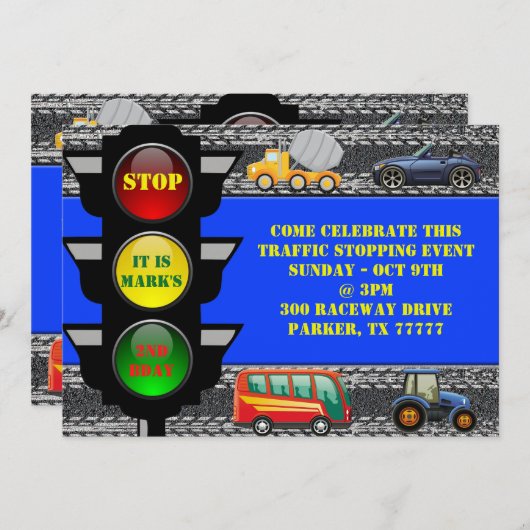 Verkehrs-Rennwagen-Kipper-Bus-Traktor laden ein Einladung (Vorne/Hinten)