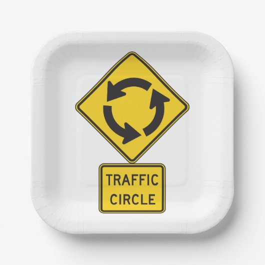 Verkehrskreisel-Warnschild Gelbes Dreieck Pappteller (Vorderseite)