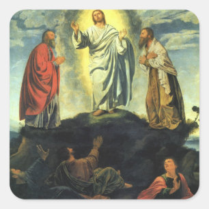 Verklärung Christi von Giovanni Girolamo Savoldo Quadratischer Aufkleber