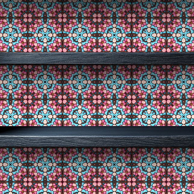 Verklebtes Glas Delicate Geometrie Kleine Printwer Tapete (Stained Glass Delicate Geometric Small Print Wallpaper on a shelf.)