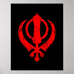 Verkratztes rotes SikhKhanda Symbol auf Schwarzem Poster