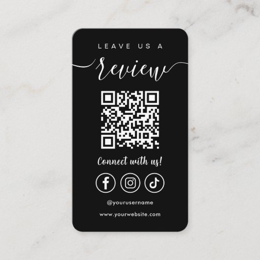 Verlass uns einen QR-Code Social Media Logo Black Visitenkarte (Vorderseite)