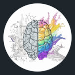 Verlassen Gehirn gegen rechte Gehirnkreative Kunst Runder Aufkleber<br><div class="desc">Verlassen Brain vs Right Brain Malerei mit Farbspritze und Chemie Thema für Sie.</div>