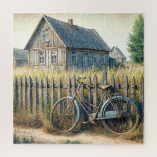 Verlassene alte Fahrrad an rustikaler Zaun Puzzle