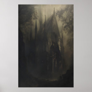 Verlassene gotische Kathedrale im dunklen Wald Dun Poster