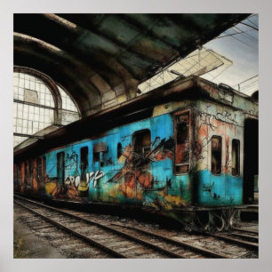 Verlassener Zug mit Graffiti Urban Street Art Poster