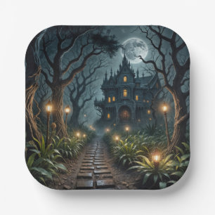 Verlassenes Halloween-Herrenhaus im Mondlicht Pappteller