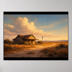 Verlassenes Holzhaus unter weitem Himmel Poster