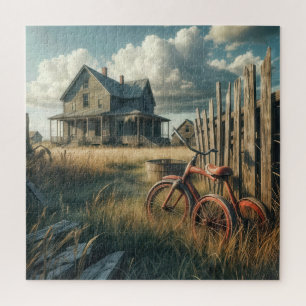 Verlassenes rotes Retro-Dreirad Puzzle