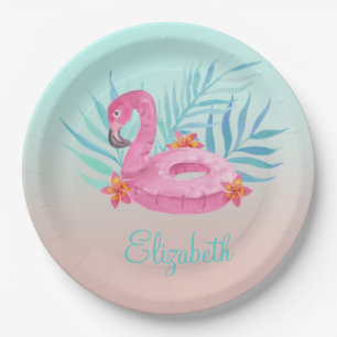 Verliebte rosa Flamingo Palmwedel Pappteller