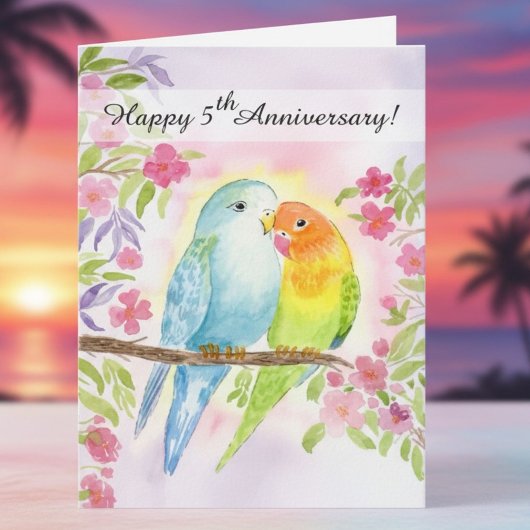 Verliebte Vögel zum 5. Hochzeitstag Karte