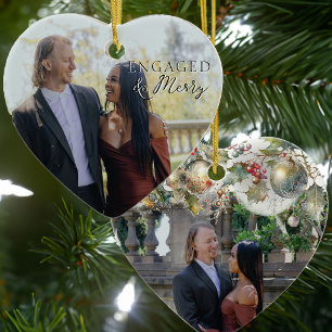 Verlobt & Fröhlich Doppelseitiges Herzpaar-Foto Keramik Ornament
