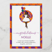 Verlobte Glückwunsch! Schwarze Frau mit Balloons u Folieneinladung (Rückseite)