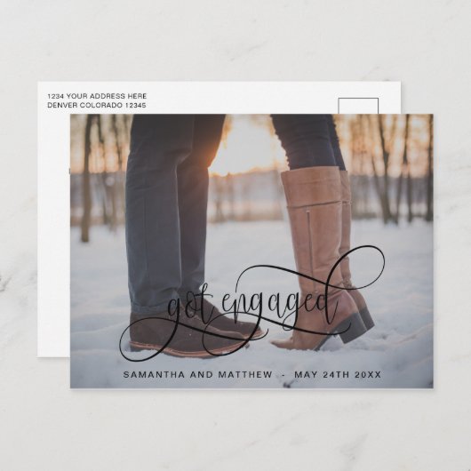 Verlobte Kalligrafie in Black, Foto-Verlobung Ankündigungspostkarte (Vorne/Hinten)