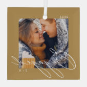 Verlobte moderne Skriptpaare Foto & Monogramm Ornament Aus Glas (Rückseite)