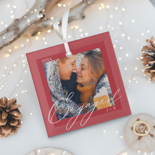 Verlobte moderne Skriptpaare Foto & Monogramm Ornament Aus Glas