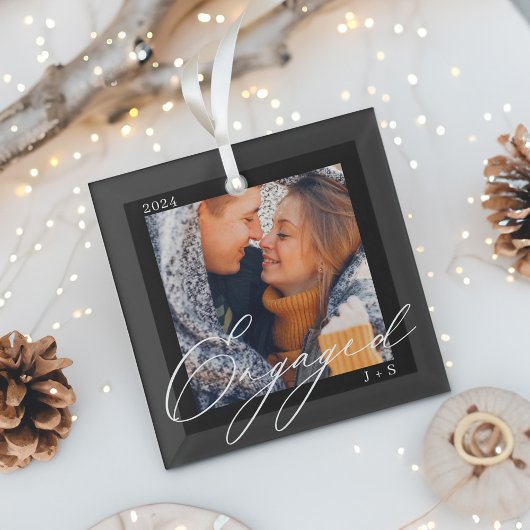 Verlobte moderne Skriptpaare Foto & Monogramm Ornament Aus Glas