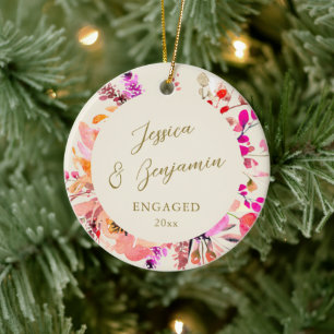 Verlobte Paarnamen Rosa Florale Weihnachten Keramik Ornament