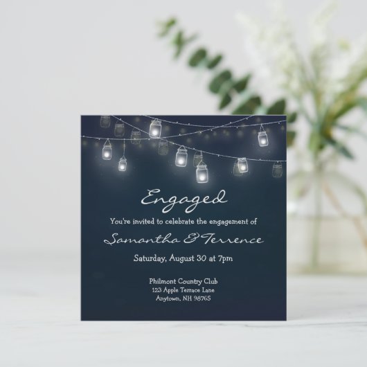 Verlobte Party Einladung Firefly Lights Mason Jars (Stehend Vorderseite)