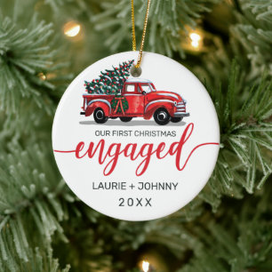 Verlobter Vintager Red Truck Monogramm Keramik Ornament