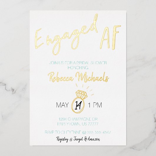 Verlobtes AF-Gold-Metallic-Script-Brautparty Folieneinladung (Vorderseite)