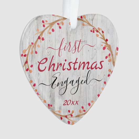 Verlobtes Couple First Christmas Rustikales Holz Ornament (Vorderseite)