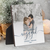 Verlobtes Foto Metallic Blue Script Fotoplatte