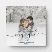 Verlobtes Foto Metallic Blue Script Fotoplatte (Vorderseite)