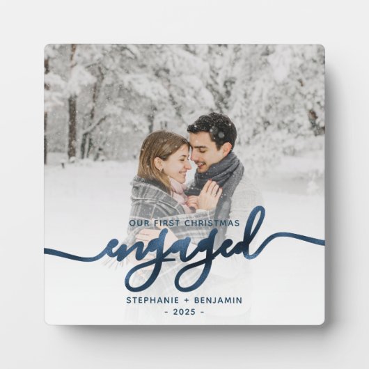 Verlobtes Foto Metallic Blue Script Fotoplatte (Vorderseite)