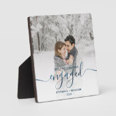 Verlobtes Foto Metallic Blue Script Fotoplatte (Vorderseite)