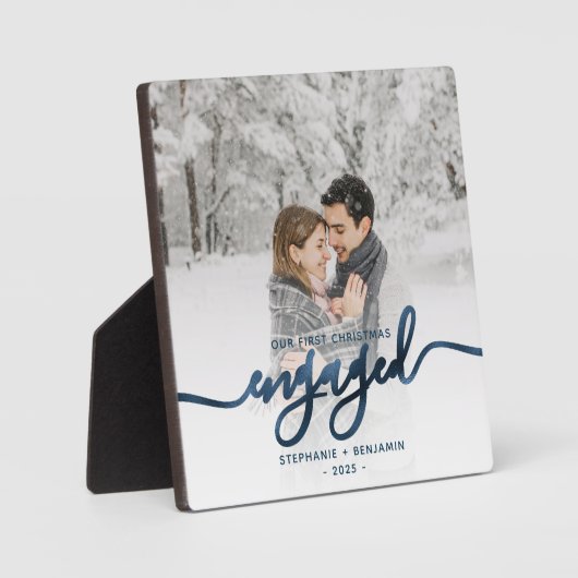 Verlobtes Foto Metallic Blue Script Fotoplatte (Vorderseite)