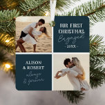 Verlobtes Foto zum ersten Weihnachten Ornament Aus Metall<br><div class="desc">Feiern Sie Ihr erstes Weihnachtsfest verlobt auf eine ganz besondere Art und Weise! In unserem modernen Weihnachtsschmuck finden Sie zwei hochgeschätzte Fotos, die mit wunderschönen blauen Plätzen geschmückt sind und die herzliche Botschaft "unsere ersten Weihnachtsfeiern". Personalisiert mit dem Jahr und den Namen, ist dieses Ornament nicht nur eine Dekoration, sondern...</div>