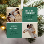 Verlobtes Foto zum ersten Weihnachten Ornament Aus Metall<br><div class="desc">Feiern Sie Ihr erstes Weihnachtsfest verlobt auf eine ganz besondere Art und Weise! In unserem modernen Weihnachtsschmuck finden Sie zwei hochgeschätzte Fotos, die mit reizvollen grünen Plätzen geschmückt sind und die herzliche Botschaft "unsere ersten Weihnachtsfeiern". Personalisiert mit dem Jahr und den Namen, ist dieses Ornament nicht nur eine Dekoration, sondern...</div>