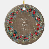 Verlobtes Rustikales Burlap-Foto Keramik Ornament (Hinten)