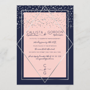 Verlobung an der Grenze zu Navy Pink Silver Confet Einladung