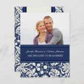 Verlobung Ankündigung Foto Postcard Blue Damask (Vorne/Hinten)