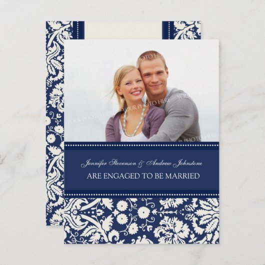 Verlobung Ankündigung Foto Postcard Blue Damask (Vorne/Hinten)