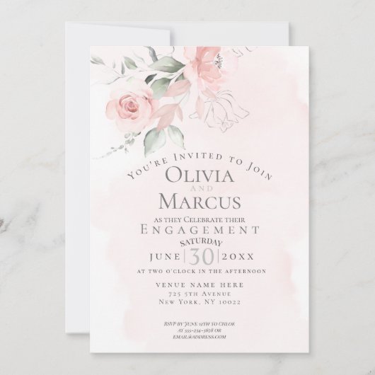 VERLOBUNG | Aquarellfarben Rosa Blume Einladung (Vorderseite)