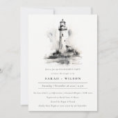 Verlobung "Black & White Lighthouse Coastal Sketch Einladung (Vorderseite)