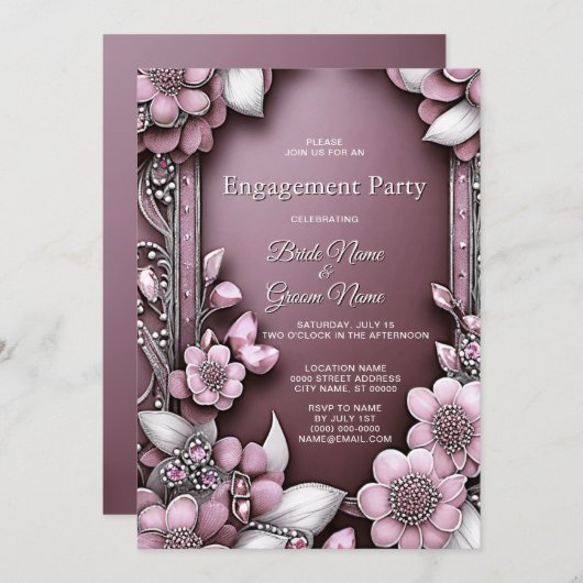 Verlobung der rosa Blumenrahmen Einladung (Vorne/Hinten)