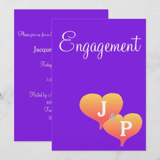 Verlobung der Sunset Hearts Violet Monogram Einladung (Vorne/Hinten)