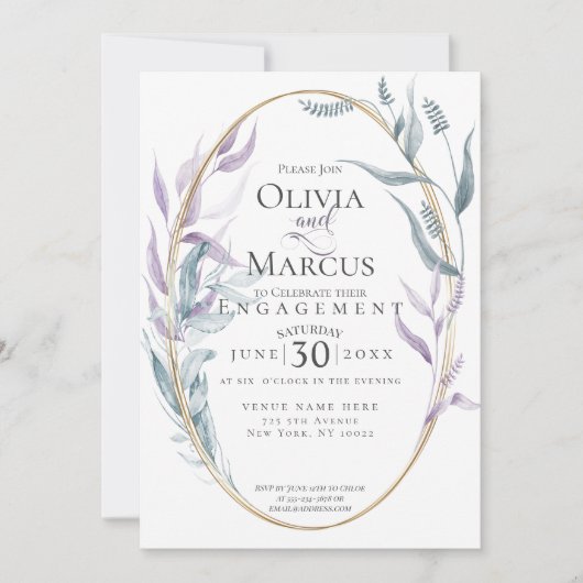 Verlobung | Dusty Blue und Violet Foliage Einladung (Vorderseite)