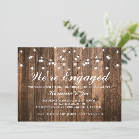 Verlobung Einladung Holz und Leuchten (Stehend Vorderseite)