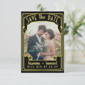 Verlobung Foto | Art Deco Wedding Black Gold Save The Date (Stehend Vorderseite)