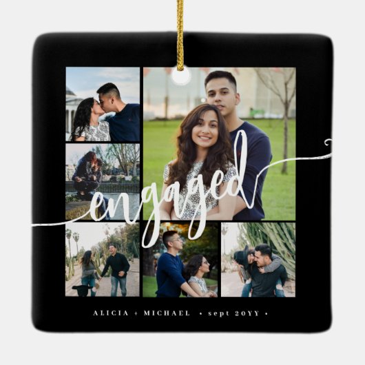 Verlobung Foto Collage moderne Skripte Keramikornament (Rückseite)