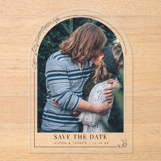 Verlobung Foto Hochzeit Blumenbogen Save the Date Acryleinladungen (Vorderseite)