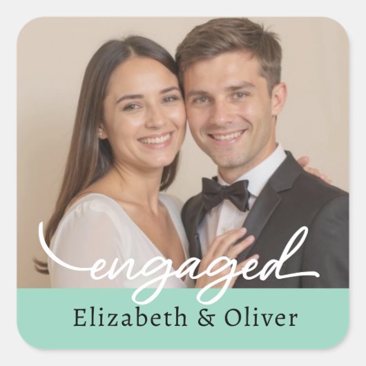 Verlobung für benutzerdefinierte Foto Name eines  Quadratischer Aufkleber (Vorderseite)