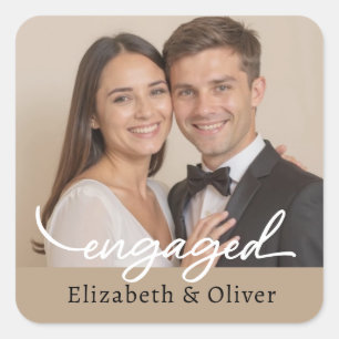 Verlobung für benutzerdefinierte Foto Name eines  Quadratischer Aufkleber