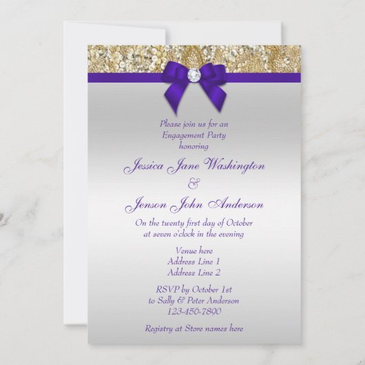Verlobung Gold Sequins Deep Royal Lila Bow Einladung (Rückseite)