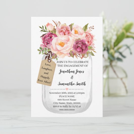 Verlobung Mason jar Hochzeit Rosa Blumenstrauß Einladung (Stehend Vorderseite)